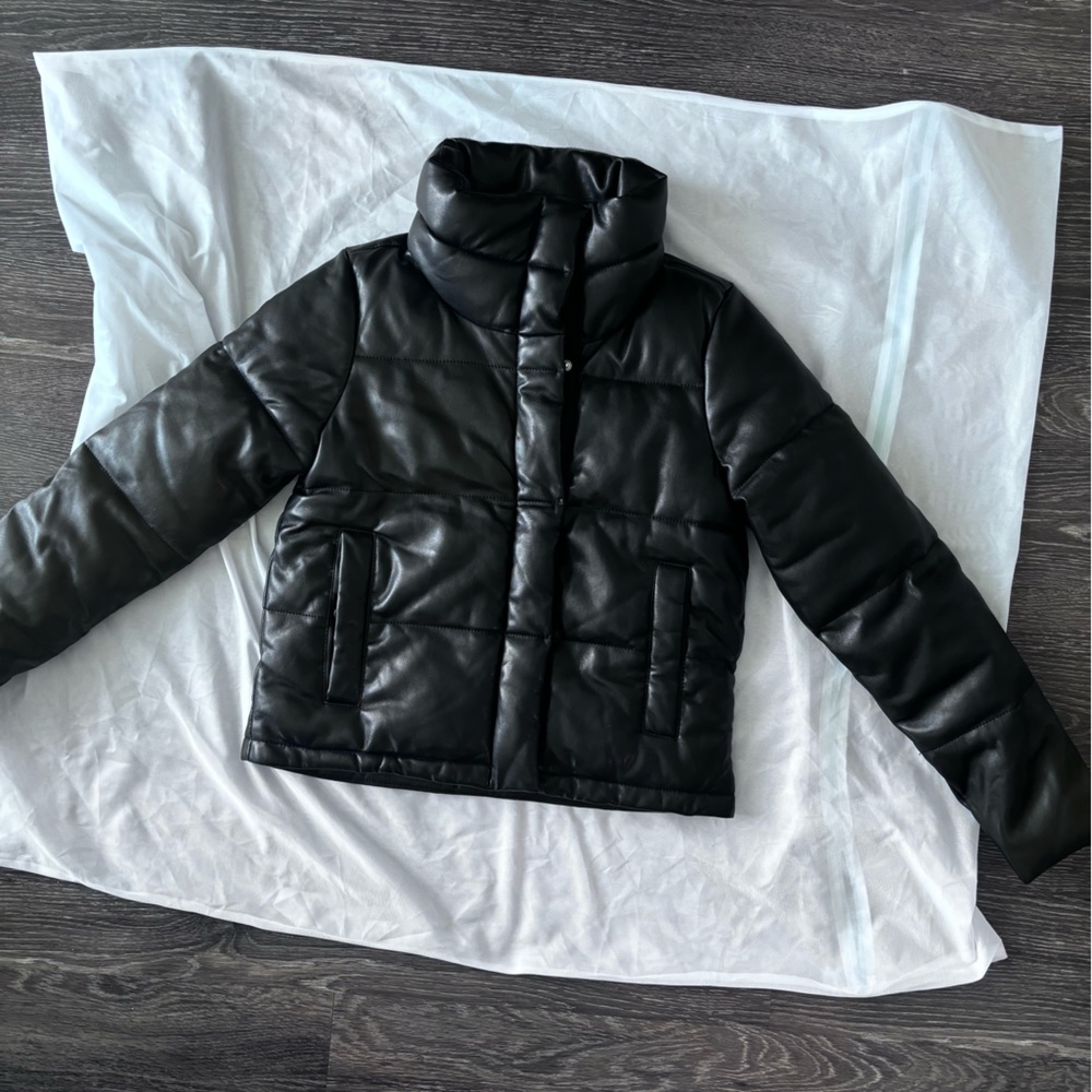Abercrombie vegan leather puffer coat, size small